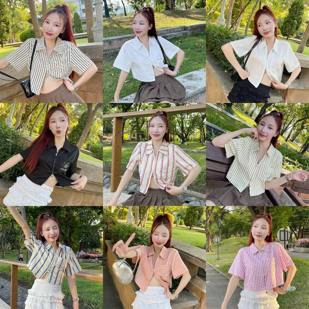 Aurora🛒พร้อมส่ง🚚 (รูปถ่ายจากงานจริง) เสื้อเชิ้ต ชายโค้งติดซิปหน้า ซิปใช้งานได้ ซิป-สั้น เชิ้ตแขนสั้นซิป