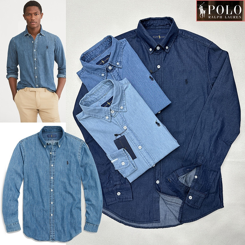 RALPH LAUREN เสื้อโปโลยีนส์ปักม้า สําหรับผู้ชาย สไตล์ย้อนยุค เสื้อเชิ้ตสํานักงาน