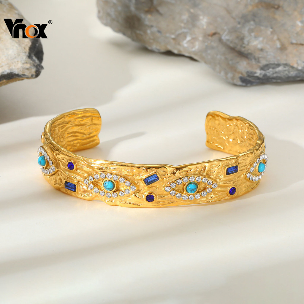 VNOX วีน็อกซ์ กําไลข้อมือตาสแตนเลสย้อนยุคคลาสสิกสําหรับผู้หญิงฝังด้วยสร้อยข้อมือสไตล์เปิดเพทายของขวั
