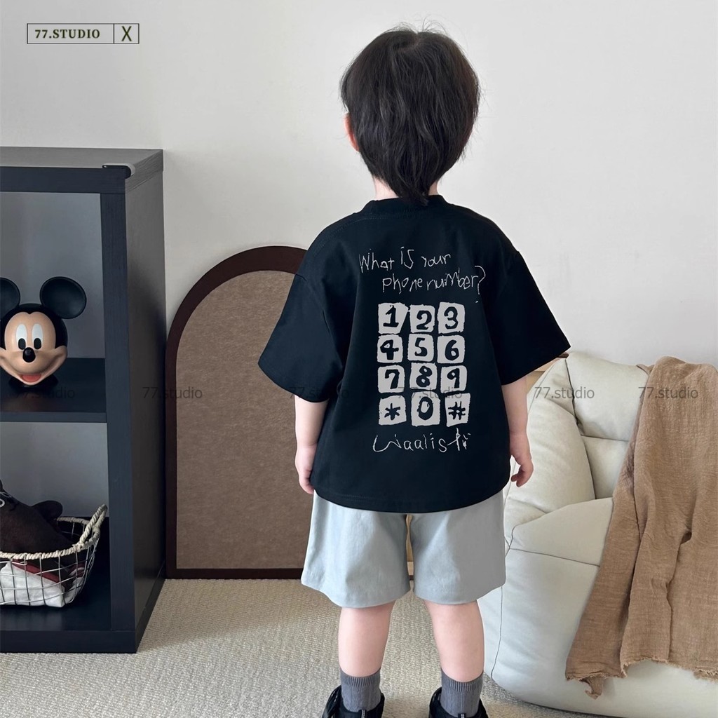 （พร้อมส่งจากกทม มาถึงใน 2วัน）เสื้อยืดเด็ก ผ้าฝ้ายแท้ แขนสั้นพิมพ์ลาย 2 หน้า สไตล์ลำลอง ผ้านุ่ม สบาย เด็กผู้ชาย สีดำ