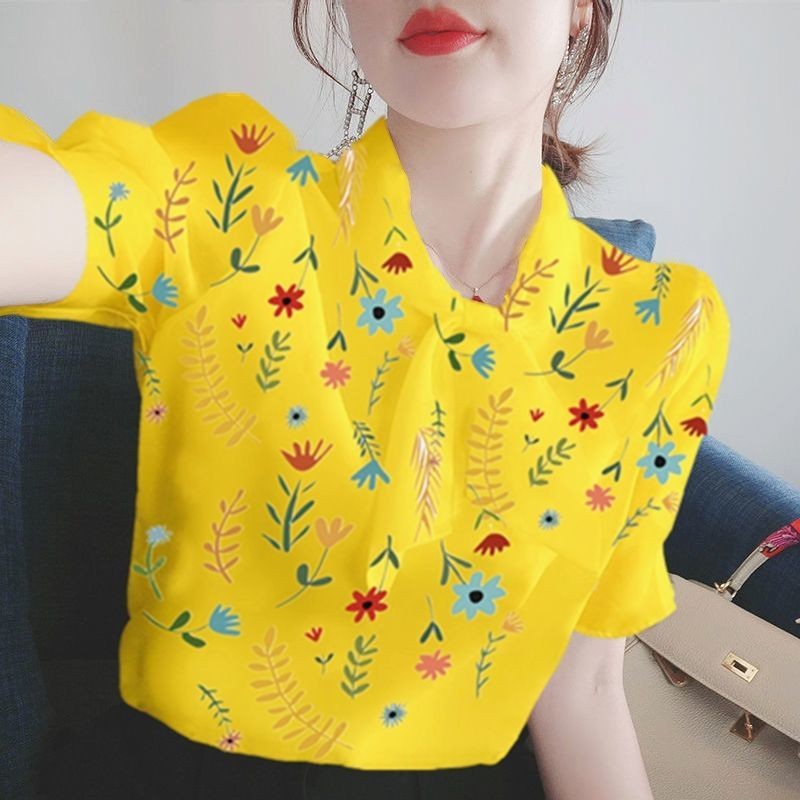 เสื้อยืดสไตล์ตะวันตกของผู้หญิงเสื้อชีฟองแขนสั้นแบบใหม่เสื้อตัวในอารมณ์ที่มีข่าวลือสาวแฟชั่นผู้หญิงหวาน