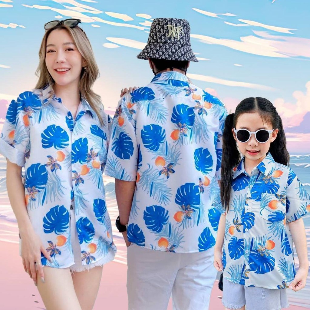 PINKP103เสื้อฮาวายลายดอก ไซส์เด็ก-ผู้ใหญ่8XL ครบทีม ผ้าโพลีพลีเมี่ยม ทรงวัยรุ่น หญิงชายใส่ได้ ลายคมชัด **1ตัว**