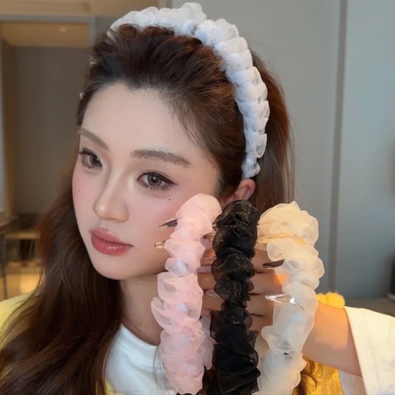 ที่คาดผมตาข่ายจีบแฟชั่นเกาหลีหรูหรายางรัดผมสูงเครื่องประดับผมหญิง
