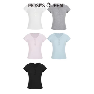 MOESSQUEEN American Retro Design เสื้อยืดแขนสั้นคอวีหญิงสาวร้อน Slim Fit Top #62850