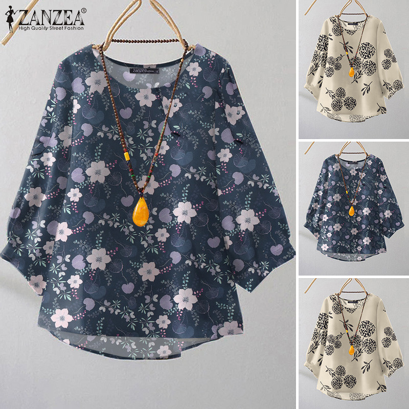 ZANZEA ใส่ ซานเซีย ผู้หญิงวินเทจวันหยุดสบายๆรอบคอหลวมพิมพ์เสื้อ — صورة 5