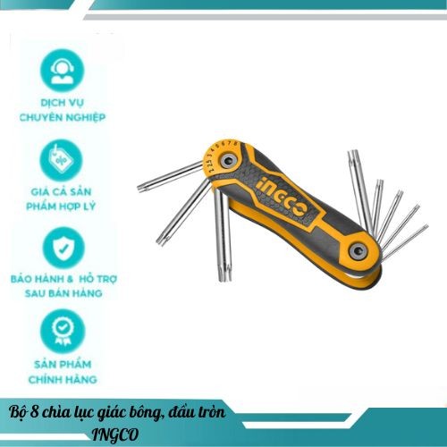ชุดกุญแจหกเหลี่ยมพับ 8 ชิ้น หัวกลม และหัวผ้าฝ้าย Ingco HHK14081 HHK14082 HHK14083