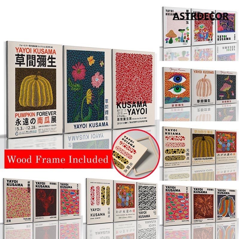 (พร้อมกรอบ) โปสเตอร์ผ้าใบ ลายฟักทอง Yayoi Kusama พร้อมกรอบ สไตล์นอร์ดิก สําหรับตกแต่งผนังบ้าน 3 ชิ้น