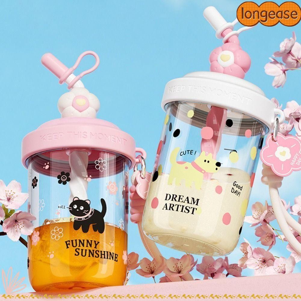ขวดน้ํา LONGE, 580ML/520ML Straw Dust Cap Drinking Cup, Kawaii Leak-proof High-ความจุแบบพกพาHandle Whey Protein Shakerขวดน้ําผลไม้