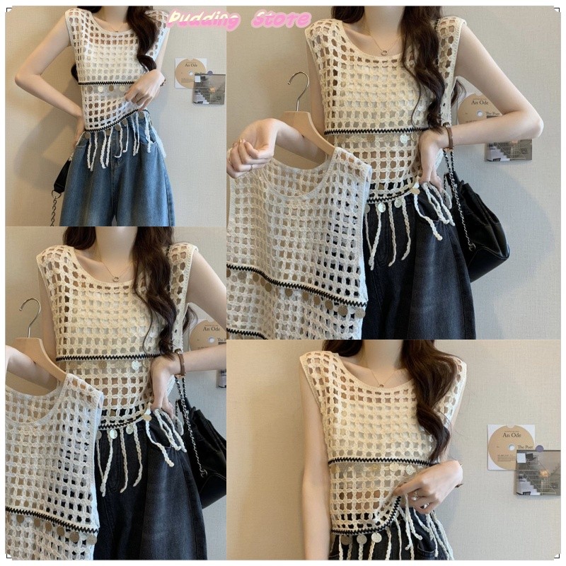 Pudding Store~พร้อมส่ง'  ถักเสื้อกั๊ก Hook ดอกไม้กลวงออกพู่เสื้อกั๊ก-CX00826