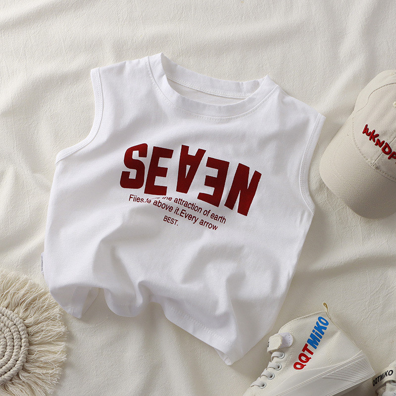 [เฮ้] 80-150 เด็กฤดูร้อนผ้าฝ้ายแท้ด้านบนเวอร์ชั่นเกาหลีเสื้อกั๊กไหล่กว้างชายหญิงเสื้อยืดแขนกุดเด็กใหญ่ทุกการแข่งขัน จุดต่ําสุด - รูปที่ 4