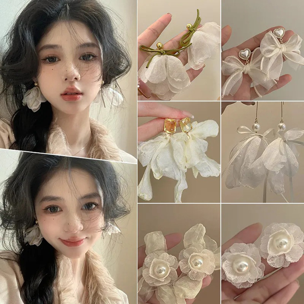 ต่างหู ผ้าชีฟอง ลายดอกไม้ สีขาว หรูหรา เครื่องประดับแฟชั่น สําหรับผู้หญิง