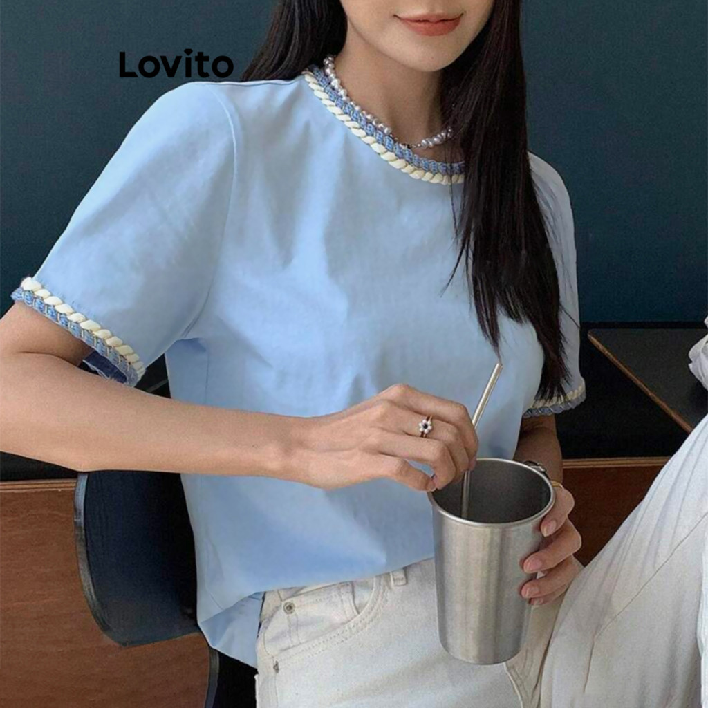 Lovito เสื้อยืดผู้หญิง เทปคอนทราสต์ คัลเลอร์บล็อก สีพื้น สไตล์หรูหรา L83ED259