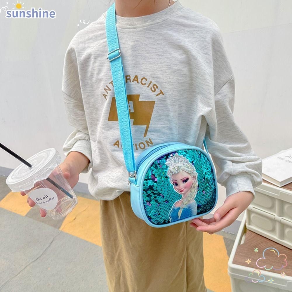 Ssunshine กระเป๋าสะพายไหล่ กระเป๋าถือ หนัง PU ลายการ์ตูนเจ้าหญิงเอลซ่า ประดับเลื่อม พร้อมสายคล้องปรับได้ สําหรับเด็กผู้หญิง