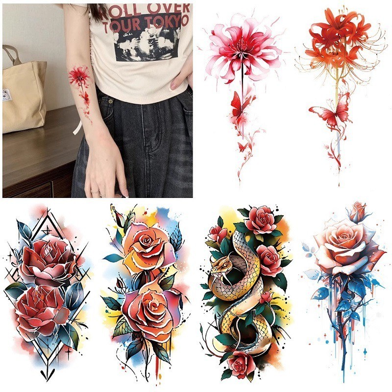 สติกเกอร์รอยสักชั่วคราว ลายดอกกุหลาบ ขนาดเล็ก สีน้ํา สําหรับติดตกแต่งร่างกาย 2024