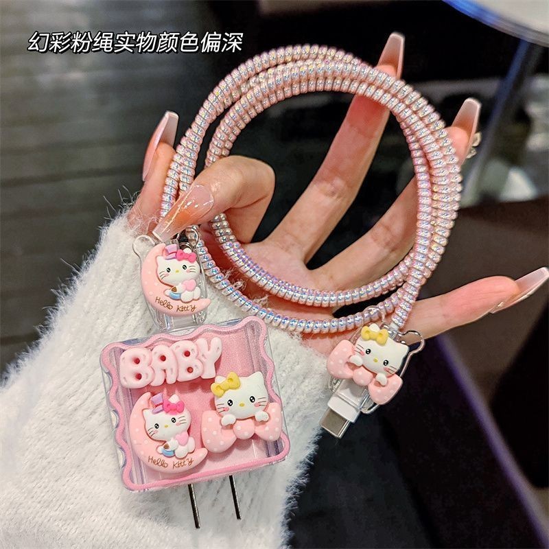 เคสป้องกันสายชาร์จ ลายคิตตี้ สีชมพูน่ารัก 18w 20w สําหรับ iPhone11 12 13 14pro max
