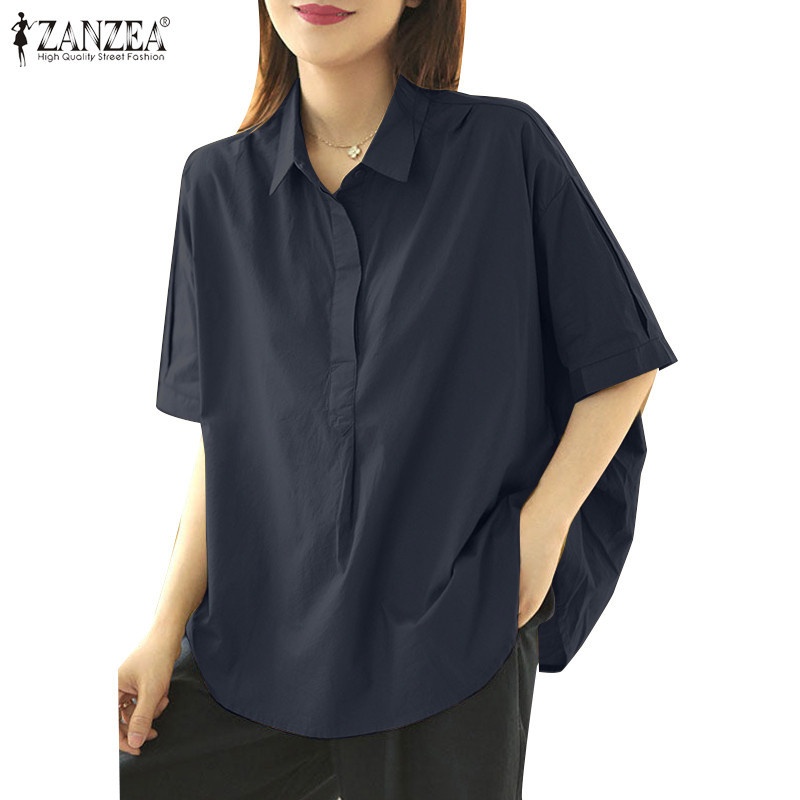Zanzea เสื้อเชิ้ต คอปก แขนสั้น แต่งกระดุม สีพื้น สไตล์เกาหลี สําหรับผู้หญิง