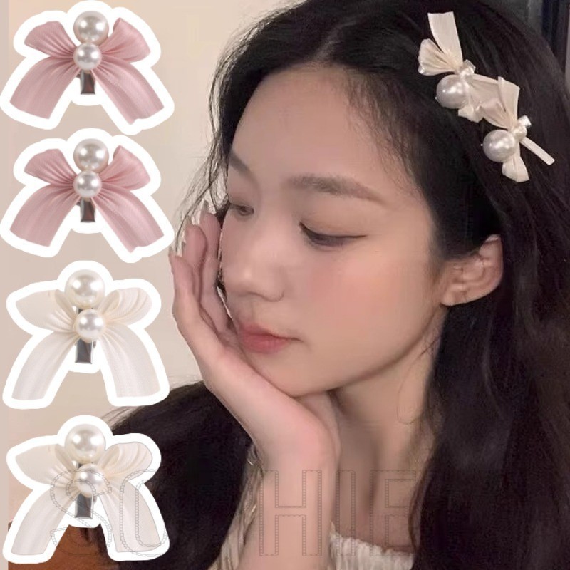 กิ๊บติดผม ประดับโบว์ และไข่มุก สีชมพู แฟชั่นสําหรับผู้หญิง จํานวน 2 ชิ้น