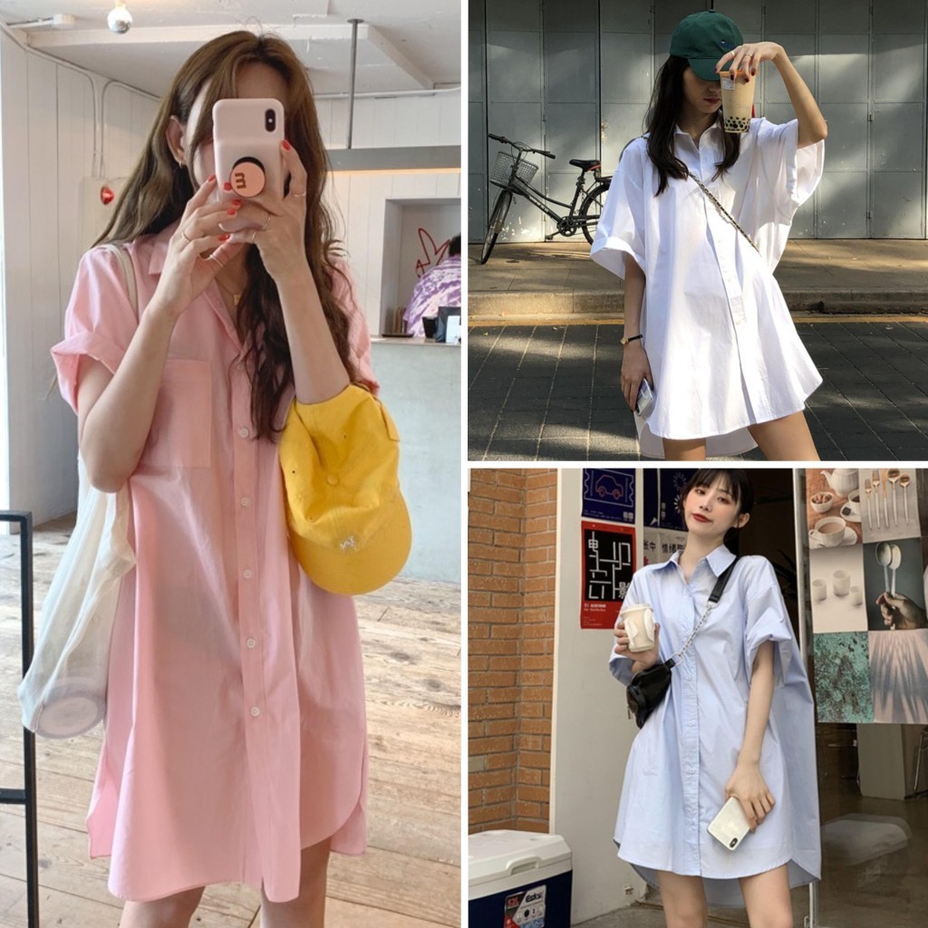 cherryshop พร้อมส่ง ชุดเดรส เสื้อเชิ้ตผู้หญิง เดรสเกาหลีน่ารักๆ เชิ้ตแขนสั้นสไตล์เกาหลีสไตล์ฝรั่งวินเทจสลิมมิ่ง