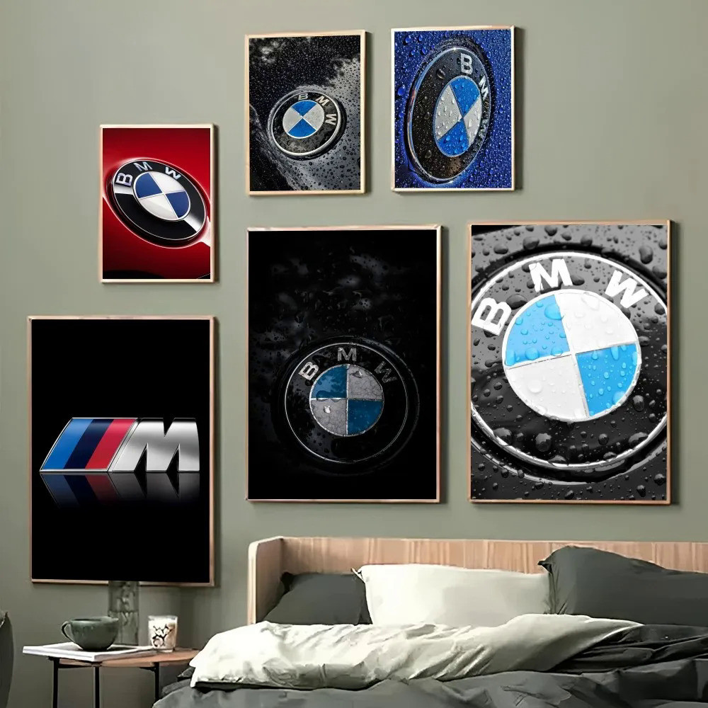 1PC Bmw โลโก้รถกีฬารถแข่งพิมพ์โปสเตอร์กระดาษกันน้ํา HD สติกเกอร์ห้องนอน Entrance Home Living Room Bar Wall Decor