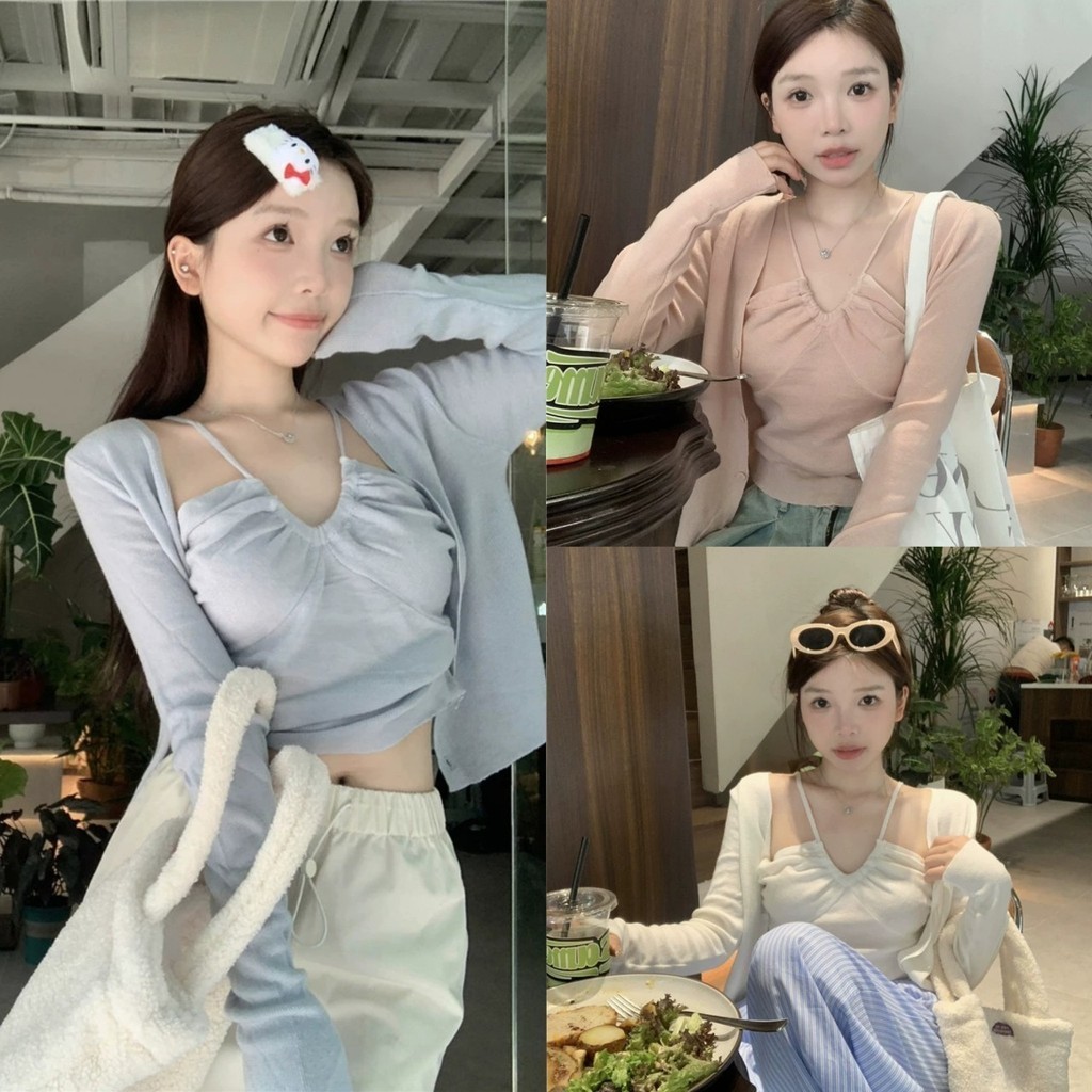 Pudding ~พร้อมส่ง "N13+N13-1" เสื้อคลุม+สายเดี่ยวไหมพรม สีพาสเทลน่ารัก ใส่สบายมาก