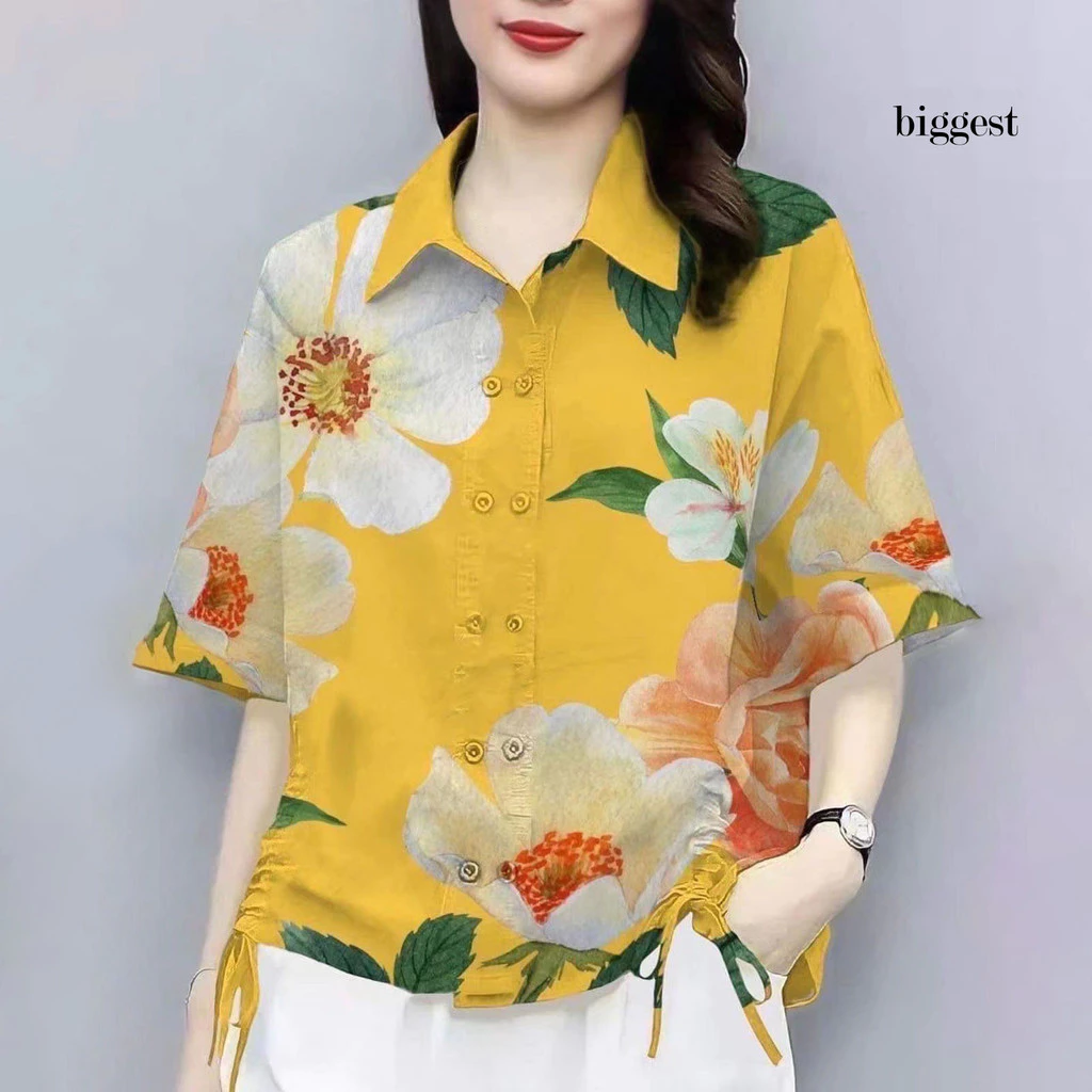 เสื้อลำลองแขนสั้นลายดอกไม้ กระดุม เชือกรูด ทรงหลวม thumbnail 9