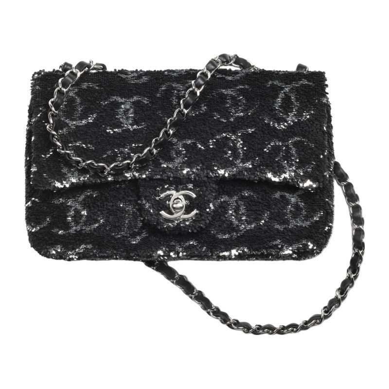 Chanel/Chanel women's bag black sequin flap metal buckle single shoulder crossbody evening