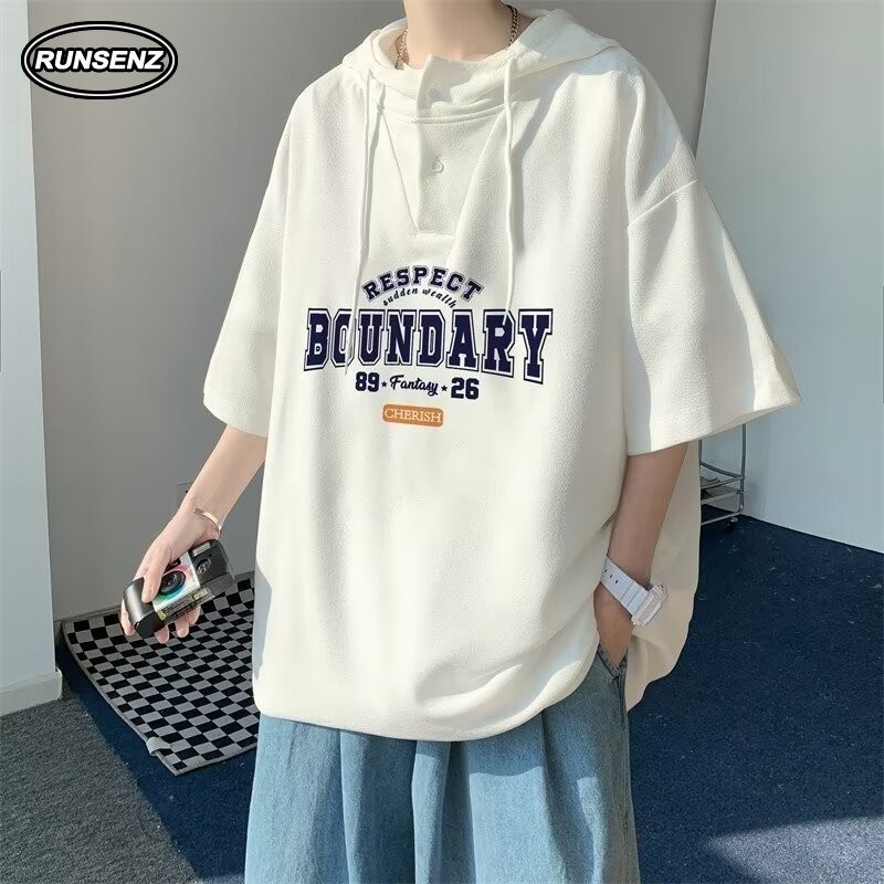 M-8xl สไตล ์ เกาหลีสีขาวHoodieผู ้ ชายขนาดบวกฤดูร ้ อนหลวมสาเหตุแขนสั ้ นเสื ้ อยืดขนาดใหญ ่