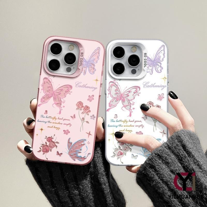 สำหรับ iPhone 13 12 14 11 15 Pro Max XR X Plus XS SE 7 8 ผีเสื้อกุหลาบการ์ตูนลายน่ารักกรณีโทรศัพท์กันกระแทกและกันกระแทก