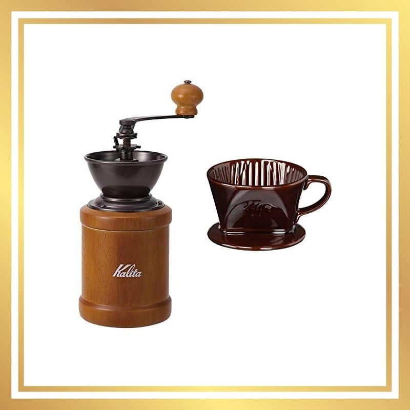 Kalita KH-5 #42039 Antique Coffee Grinder, Small, Wooden Manual Hand Crank Coffee Mill for Outdoors, Camping, with Adjustable Grinding, Lid Included.
