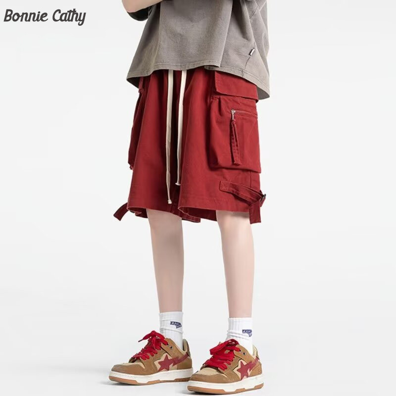 Bonnie Cathy  Bonnie Cathy Summer American high street กางเกงขาสั้นคาร์โก้ลําลองผู้ชายกางเกงขากว้างตรงอินเทรนด์กางเกงห้าจุด