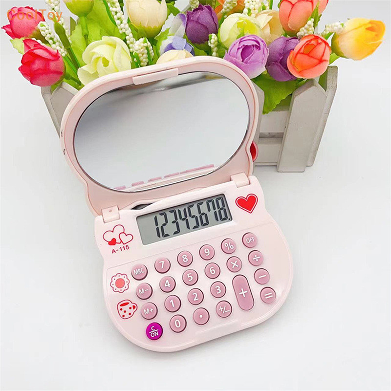 Cooltoy Hello Kitty เครื่องคิดเลขกระจกโต๊ะเครื่องแป้งพับได้แบบพกพาน่ารักการ์ตูนสาวเด็กการเรียนรู้เครื่องคิดเลขเครื่องเขียนโรงเรียน Supplie ของขวัญ HOT