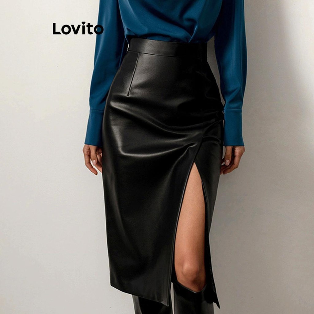 Lovito กระโปรงผู้หญิง แต่งผ่า สีพื้น สไตล์หรูหรา LNL52099