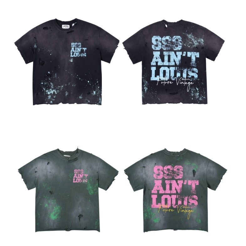 Sssa1nt L0UIS Handmade Damaged Logo Letter พิมพ ์ เสื ้ อยืดแขนสั ้ นคอกลม Unisex