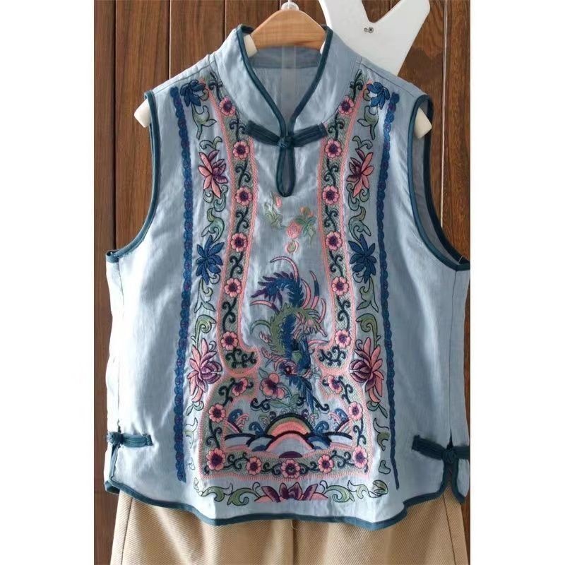 เสื้อกั๊กของ ลาดี้ เย็บปักถักร้อยวินเทจผ้าฝ้ายและผ้าลินินเครื่องเย็บปักถักร้อยอเนกประสงค์ยืนปกหัวเข็มขัดเสื้อสวมหัวสไตล์จีนสําหรับผู้หญิงฤ