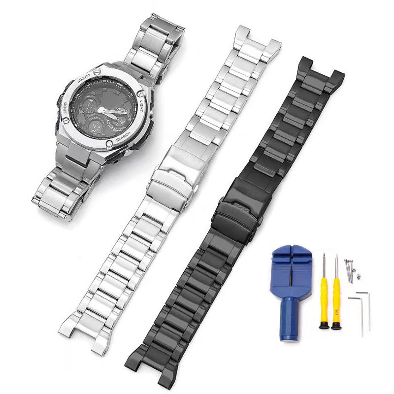 สายนาฬิกาสแตนเลสสําหรับ Casio G-SHOCK GST Series GST-W300 400G B100 S310 S120 นาฬิกาโลหะพับหัวเข็มขัดสายนาฬิกาสีดําสร้อยข้อมือเงินเครื่องมือ