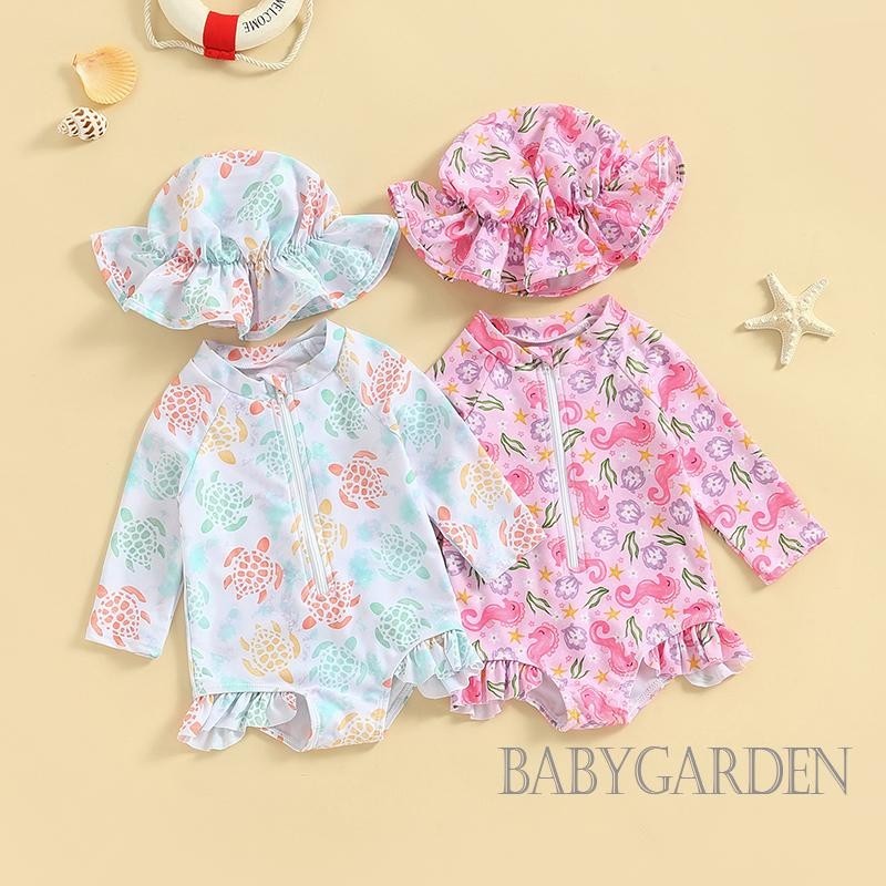 Baga-3 month-3years เด็กทารกชุดว่ายน้ําชิ้นเดียวพร้อมหมวกแขนยาว O คอ Seahorse/เต่าพิมพ์ Romper สําหรับชุดว่ายน้ําชายหาด