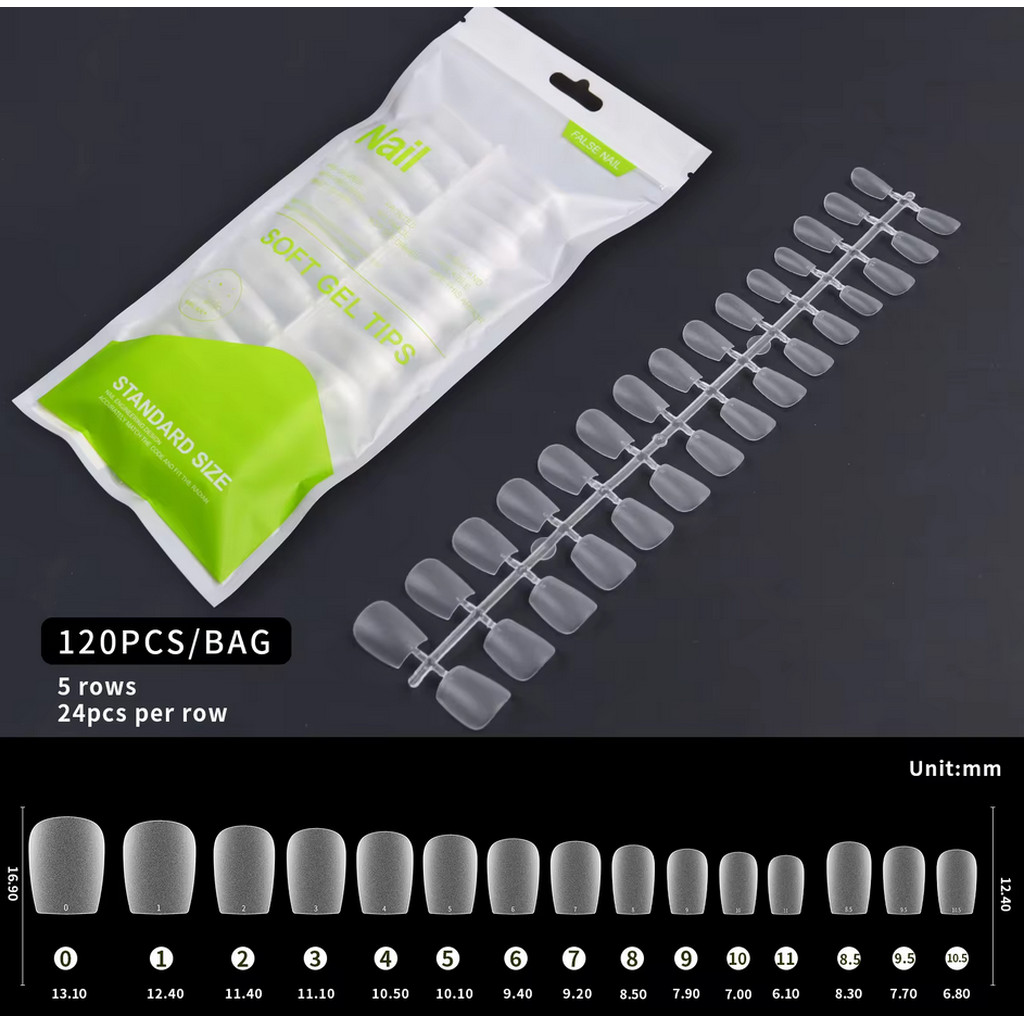 (ซองเขียว) ทรงเหลี่ยมสั้น * เล็บปลอม เล็บพลาสติกPVC ยืดหยุ่นได้ดี สีใสกึ่งขุ่น 15ขนาด บรรจุ120ชิ้น