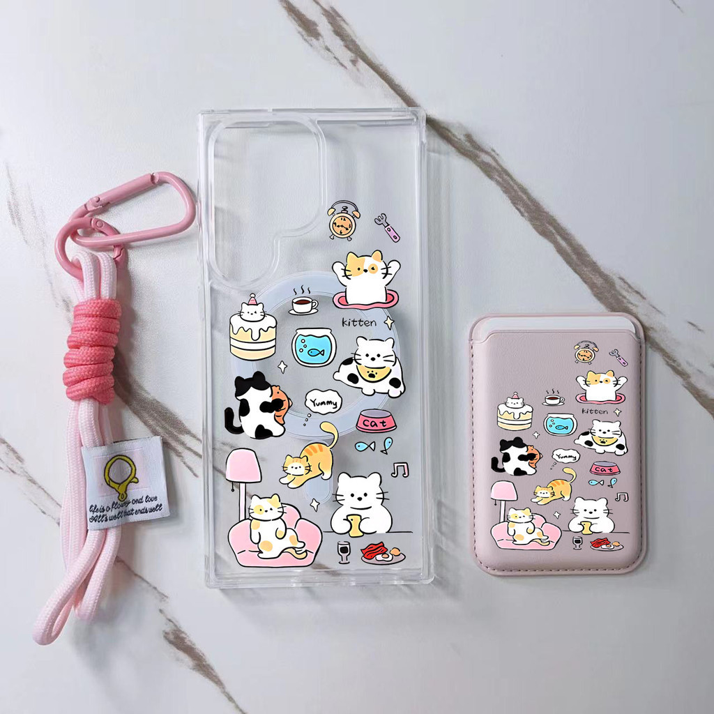 3pcs แมวสีชมพูกระเป๋าสตางค์น่ารักสําหรับ Samsung s22 s22plus ultra Case Girly S23 S23Plus s23fe s24 s24plus s24ultra กระเป๋าสตางค์ปกหลัง