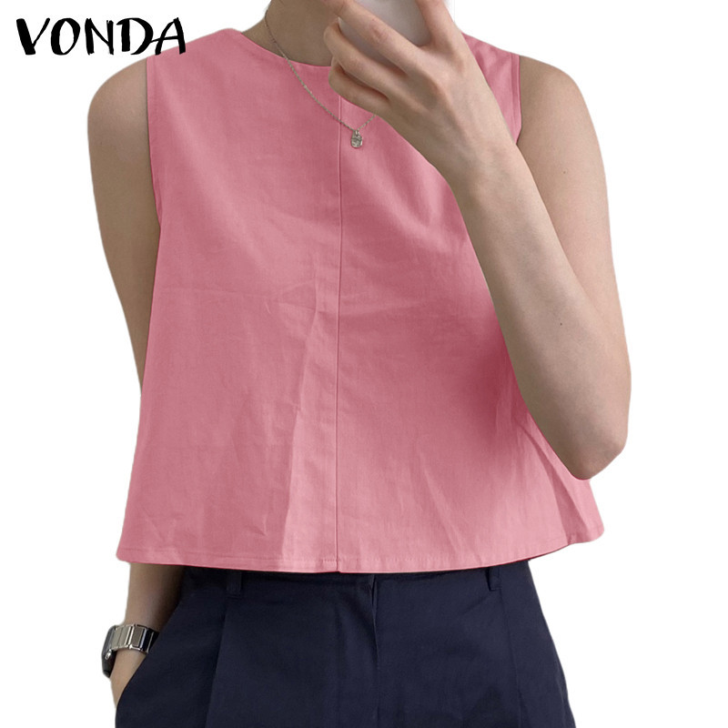 Vonda ผู ้ หญิงเกาหลีลําลองคอกลมแขนกุดสีทึบหลวมถัง