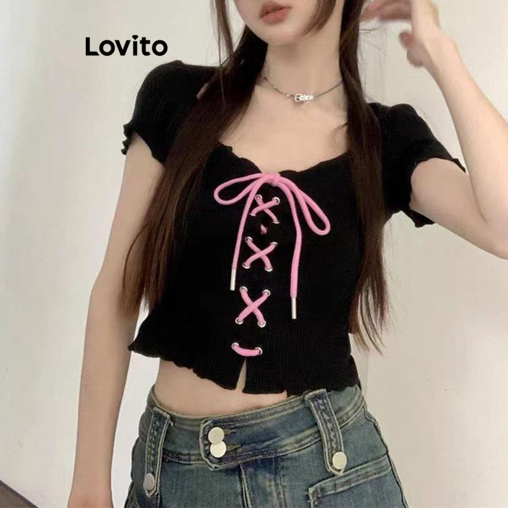 Lovito เสื้อยืดผู้หญิง แต่งโบว์ สีพื้น สไตล์ลำลอง LNA53169