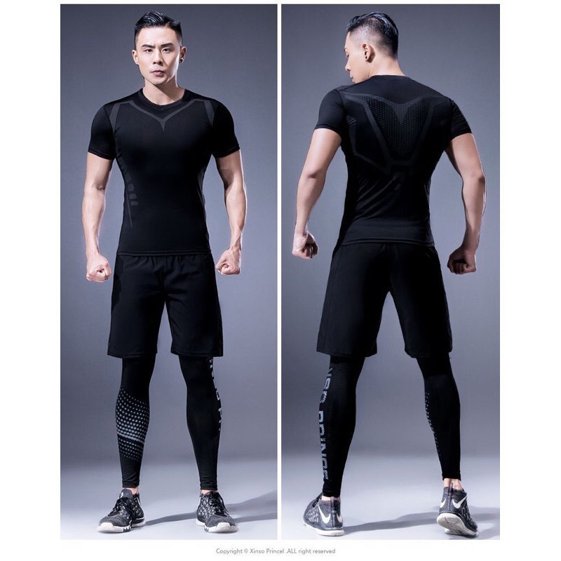 พร้องส่ง ชุดกีฬาสำหรับผู้ชาย รัดกล้ามเนื้อ เซต2ชิ้น แขนสั้น+กางเกงขาสั้น  ฟิตเนส/เทรนนิ่ง/วิ่ง/ปั่นจักรยาน /ว่ายน้ำ - รูปที่ 3