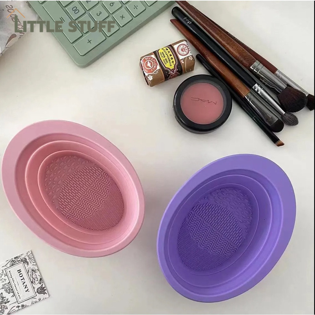ถ้วยล้างแปรงแต่งหน้า 2 สี พับได้ แผ่นซิลิโคน ขัดแปรงแต่งหน้า สำหรับล้างทำความสะอาดแปรงแต่งหน้า