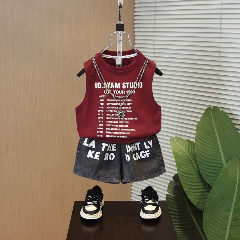 เด็กฤดูร้อนแขนกุดเสื้อกั๊กสูท 2024 เด็กชายสไตล์ใหม่ฤดูร้อนแขนสั้นเด็กทารกเวอร์ชั่นเกาหลีชุดสองชิ้น