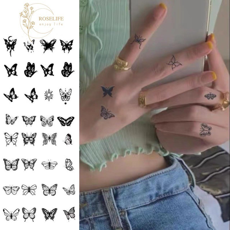 Roslife สีดําสีขาวหวานเย็นผีเสื้อขนาดเล็กยาวนานสติกเกอร์รอยสักสําหรับผู้ใหญ่เด็กกันน้ํายาวนานนิ้วมือสักแขน Body Art DIY Decal
