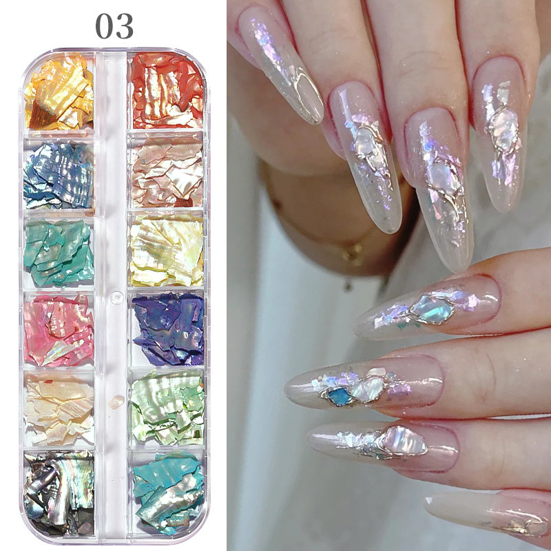 Born PRETTY ตกแต่งเล็บ 12 กริดเปลือกบาง Flakes เลื่อม DIY 3D Nail Art Accessorie