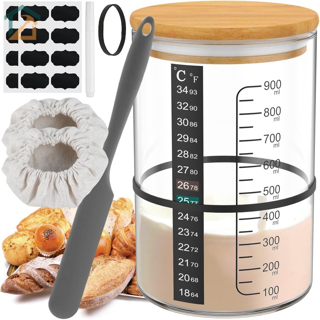 Sourdough Starter Jar Kit 900ml Sourdough Starter คอนเทนเนอร์แก้ว Sourdough Jar ปากกว้าง Sourdough J