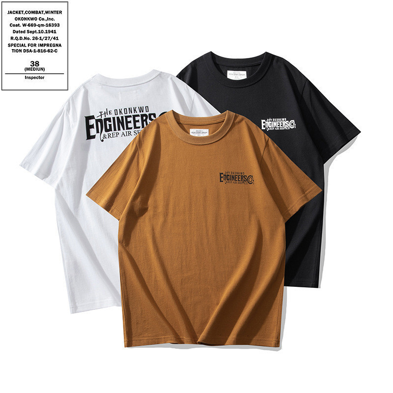 Okonkwo ผู้ชาย 2024 ใหม่ Casual Retro Amekaki พิมพ์รอบคอหนา 210g เสื้อยืดแขนสั้น TEE
