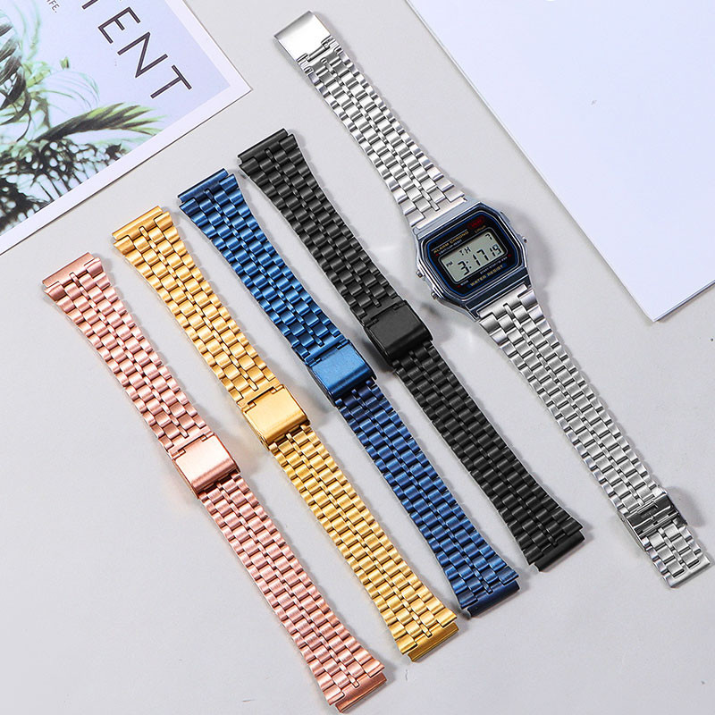 18 มม.Colorful Retro 304 สายนาฬิกาสแตนเลสสําหรับ Casio W800h AE1200 F91W A158 A159 F91 โลหะนาฬิกาผู้หญิงผู้ชายเข็มขัดสร้อยข้อมือเปลี่ยนนาฬิกาอุปกรณ์เสริม