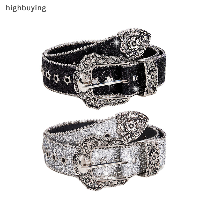 [highbuying] บุคลิกภาพ Gothic Rhinestone เข็มขัดสําหรับสาวแฟชั่น PU เข็มขัดหนัง Western คาวบอย Y2K Retro กางเกงยีนส์กระโปรงตกแต่งเข็มขัดใหม่สต็อก