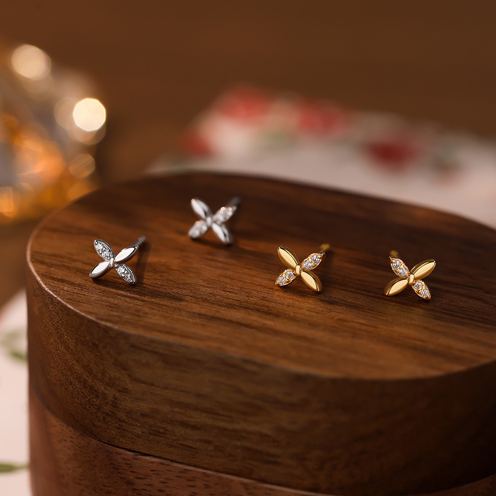 Simple Mini Small S925 Silver Gold Bowknot ทองแดงเพทายเพชรหูสตั๊ดต่างหูผู้หญิงอุปกรณ์เสริมแฟชั่น